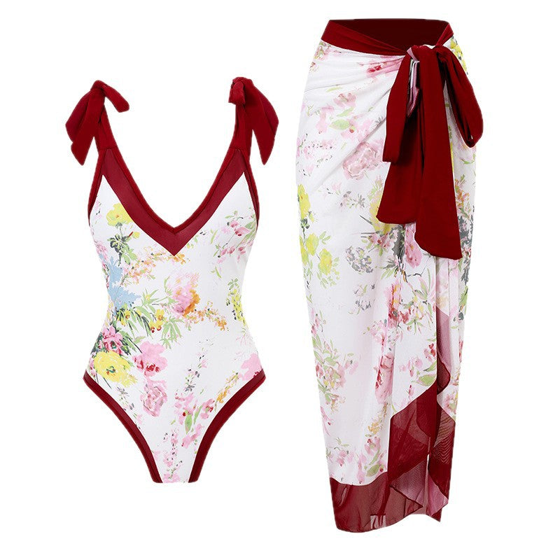 Women’s One-Piece Swimsuit with Playful Tie Straps and Elegant Wrap Skirt Mune Fashion
