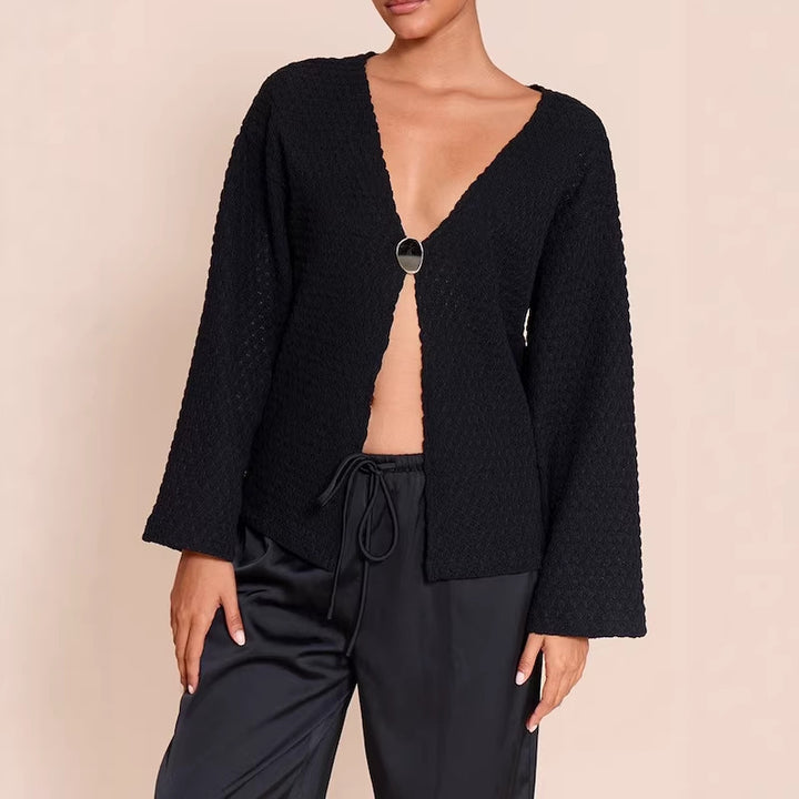 Women’s Structured Waffle Knit Cardigan with Deep V-Neck, Single Button Closure, and Casual Oversized Sleeves Drune