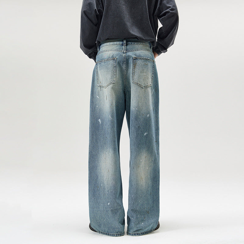 Men's wide baggy jeans with paint splatter effect and vintage wash Mune Fashion