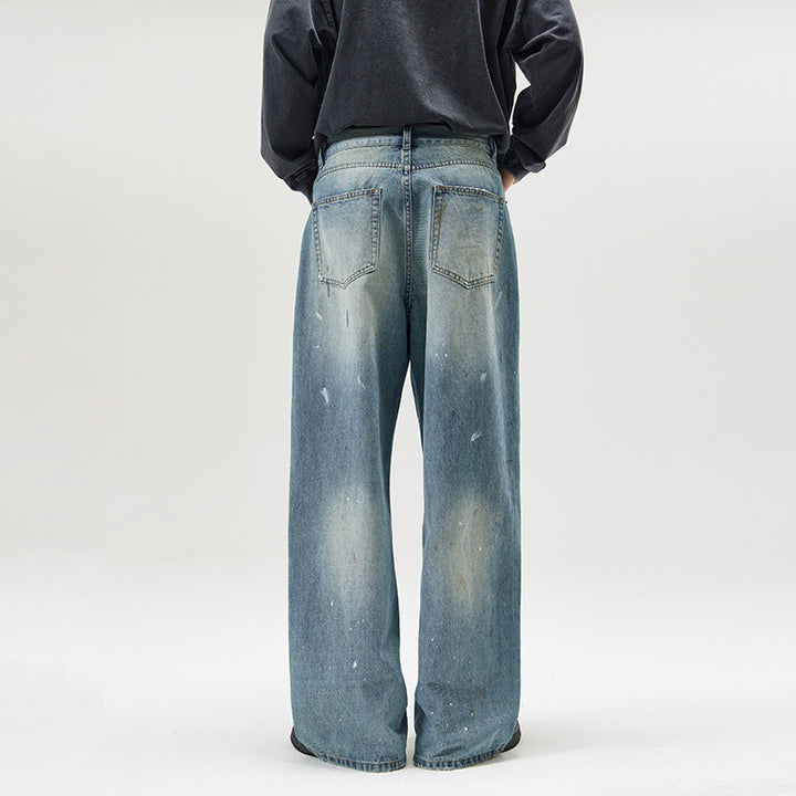 Men's wide baggy jeans with paint splatter effect and vintage wash Mune Fashion