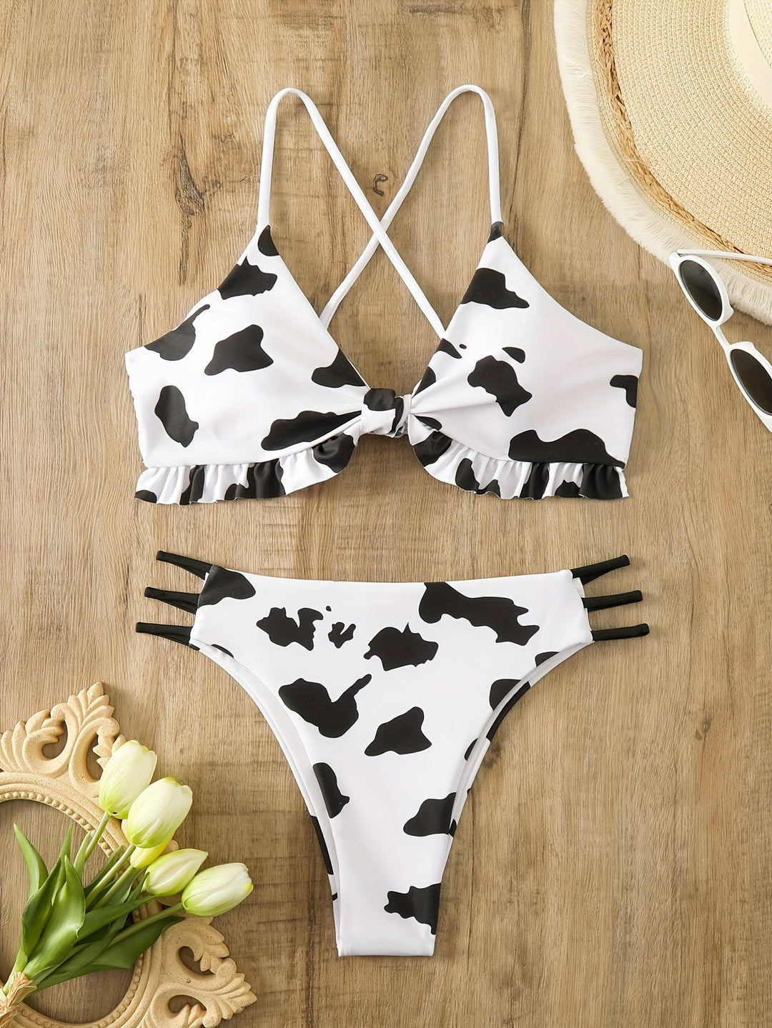 Women Triangle Bikini with fringe detail and playful cow pattern Mune Fashion