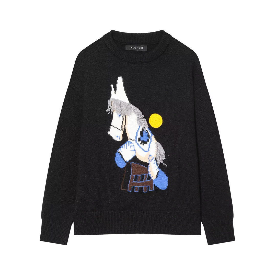 Women's knitted sweater with horse motif and fringe appliqué, oversized round neck Mune Fashion