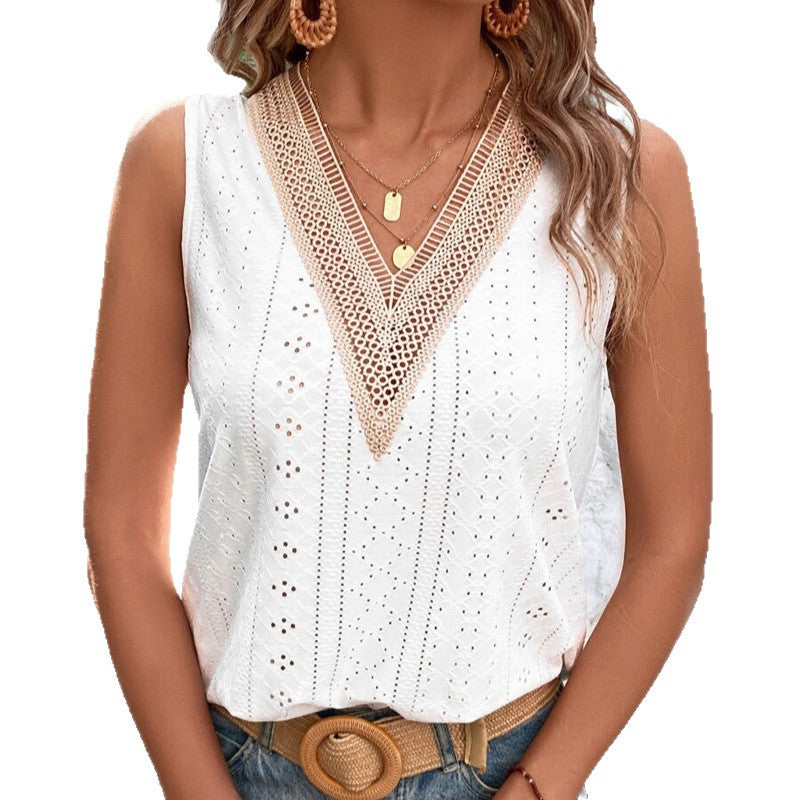 Women's sleeveless embroidery top with V-neck and crocheted lace trim Mune Fashion