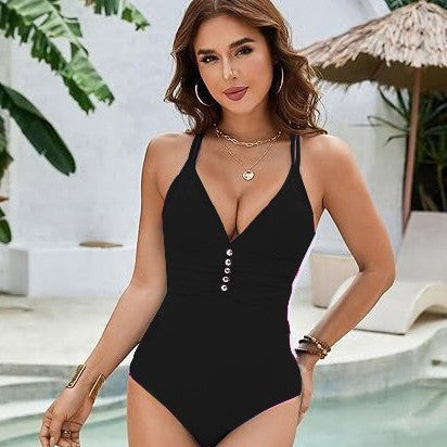 Women One-Piece Swimsuit with Deep V-Neck and Fashionable Button Details Mune Fashion