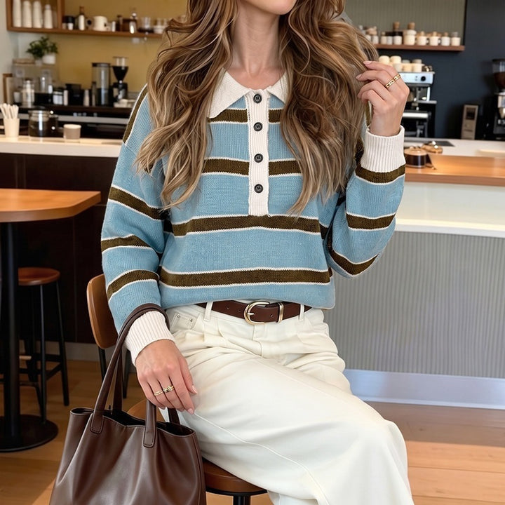 Ladies Casual Striped Sweater with Polo Collar Mune Fashion