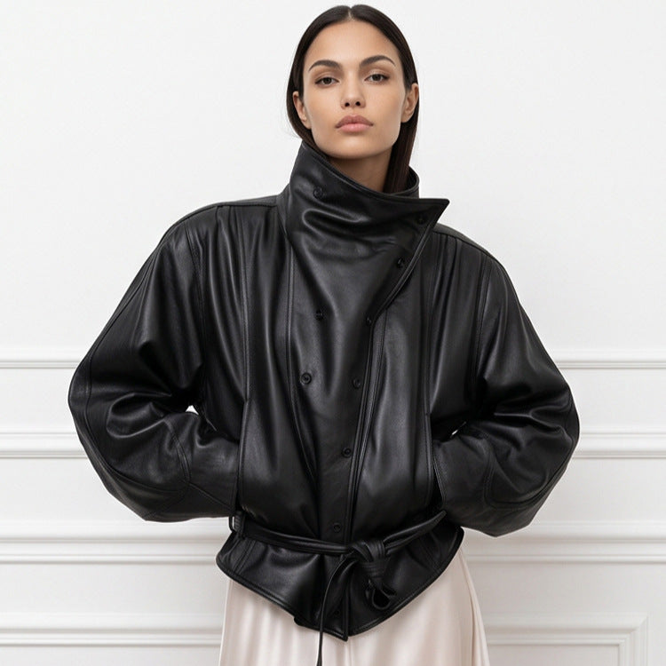 Ladies Oversize Faux Leather Bomber Jacket with High Standing Collar and Waist Belt Mune Fashion