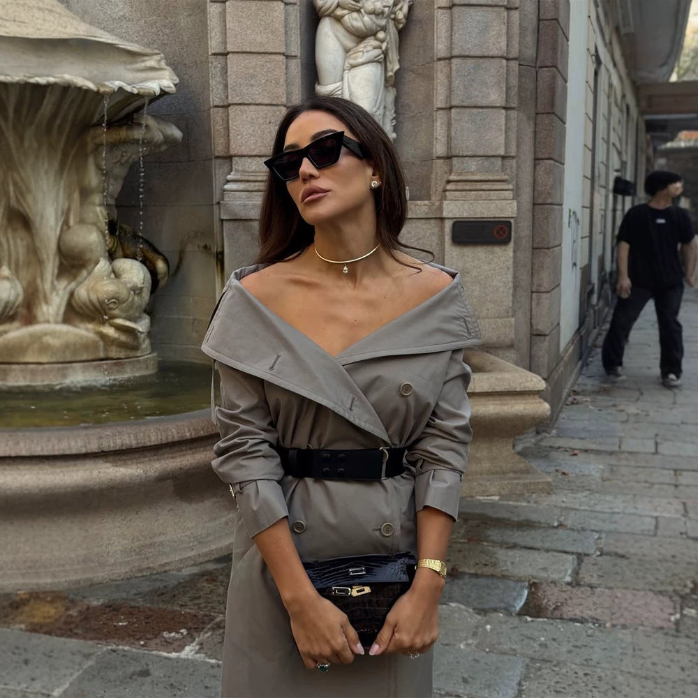 Women Off-Shoulder Trench Dress with Double-Breasted Button Placket and Fitted Patent Belt Mune Fashion