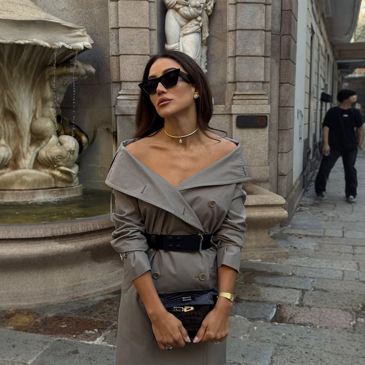 Women Off-Shoulder Trench Dress with Double-Breasted Button Placket and Fitted Patent Belt Mune Fashion