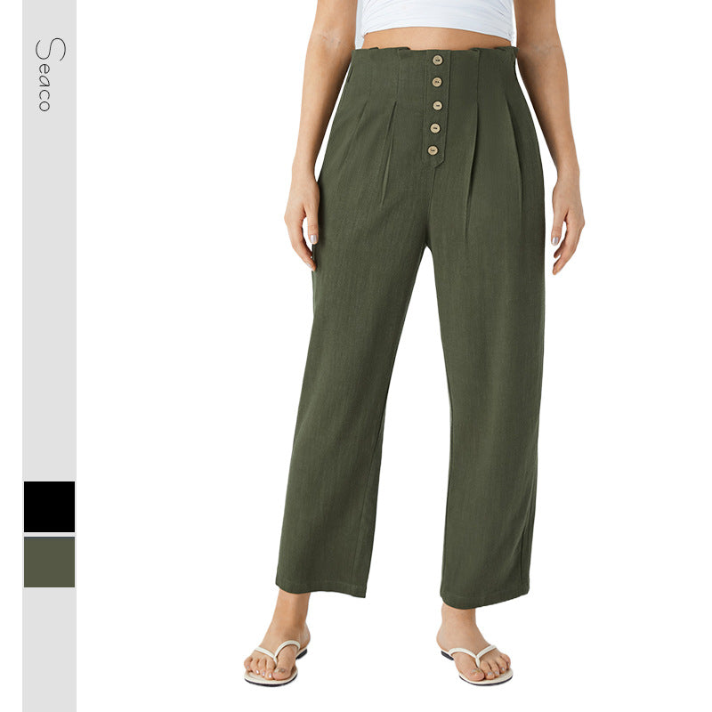 Women's High-Waisted Pleated Linen Pants with Decorative Button Placket Mune Fashion