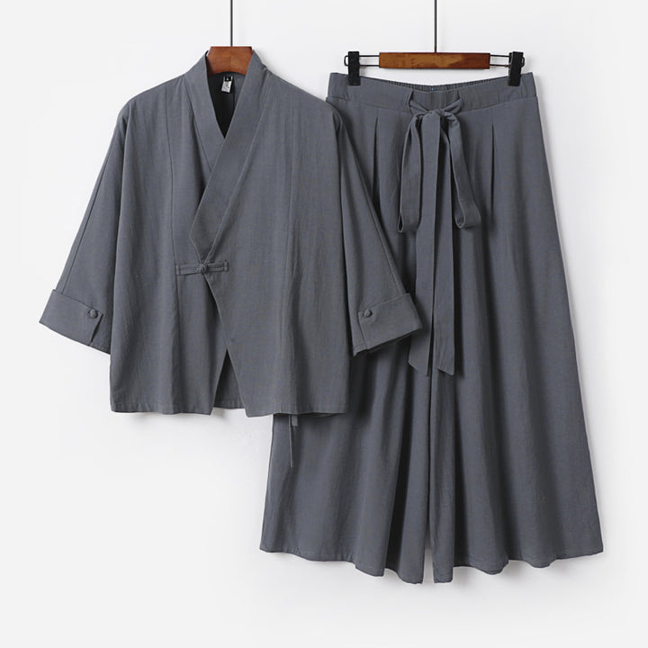 Women's Lightweight Kimono Loungewear Set with V-Neck Three-Quarter Sleeves and Wide Palazzo Pants Mune Fashion
