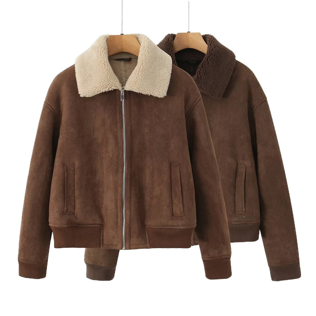 Women's Short Cut Teddy-Lined Suede Look Flight Jacket with Zipper Mune Fashion