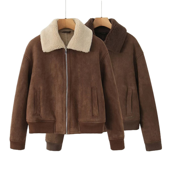 Women's Short Cut Teddy-Lined Suede Look Flight Jacket with Zipper Mune Fashion