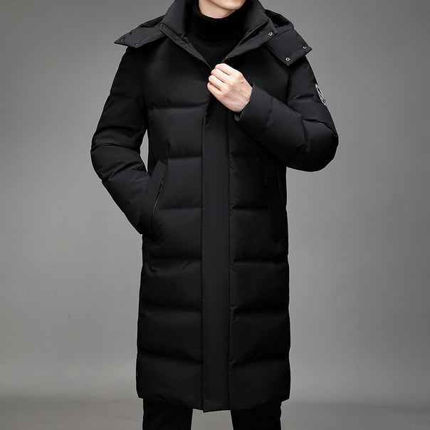 Men's Maxi-Length Thermal Quilted Coat with High Collar and Concealed Front Mune Fashion