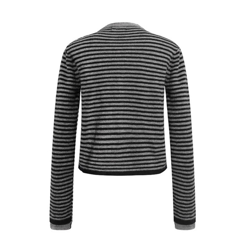 Women's Short Layered Cardigan with Round Neck and Fine Stripes Mune Fashion