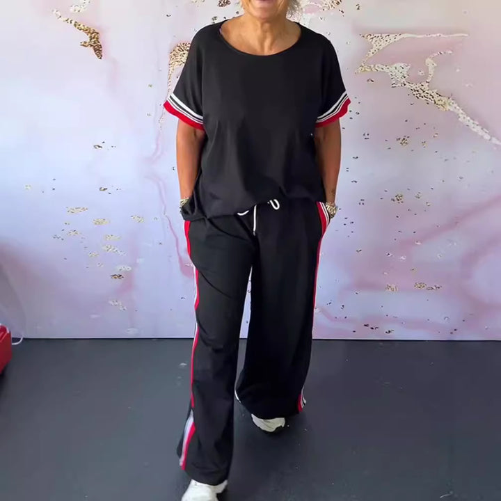 Ladies' sporty-elegant two-piece set with boxy short sleeve shirt, drawstring jog pants, and side contrast stripe Mune Fashion