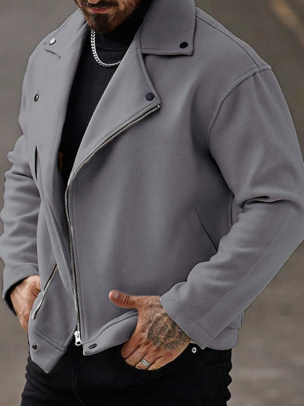 Men's Oversized Biker Jacket made of Wool Blend with Asymmetrical Zipper and Snap Button Details Drune
