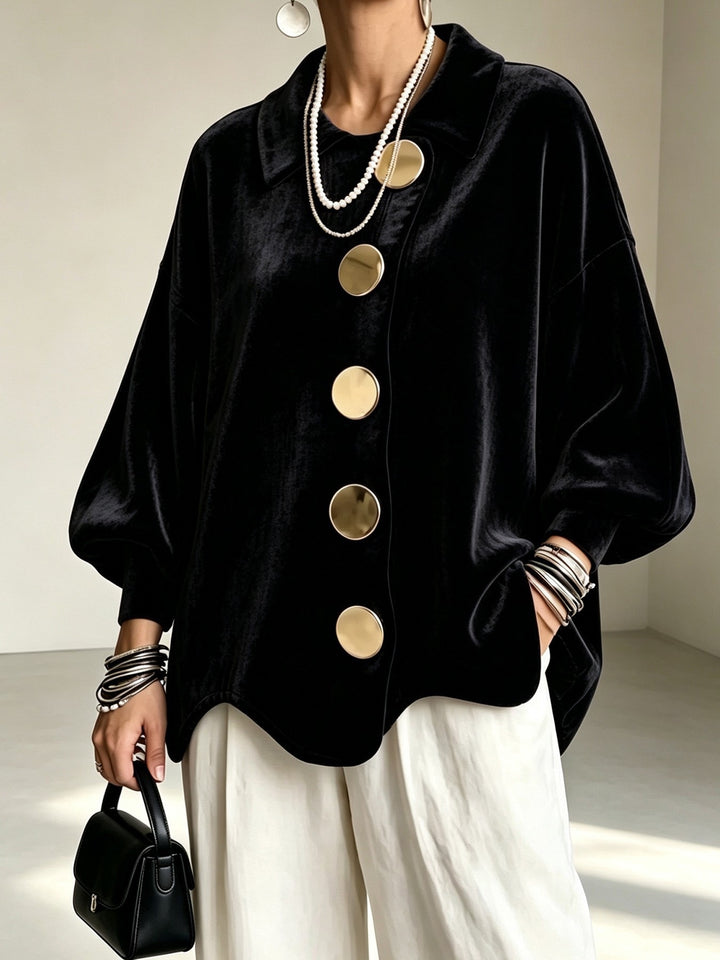 Women's Oversized Velvet Jacket with Large Decorative Buttons and Balloon Sleeves Mune Fashion