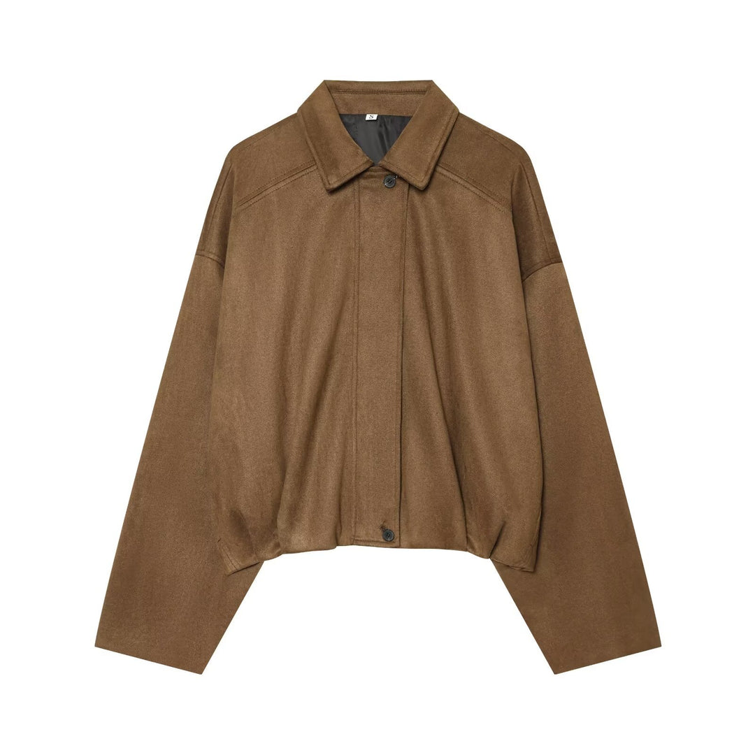 Women Cropped Oversized Cape Jacket with Shirt Collar and Hidden Button Placket Mune Fashion