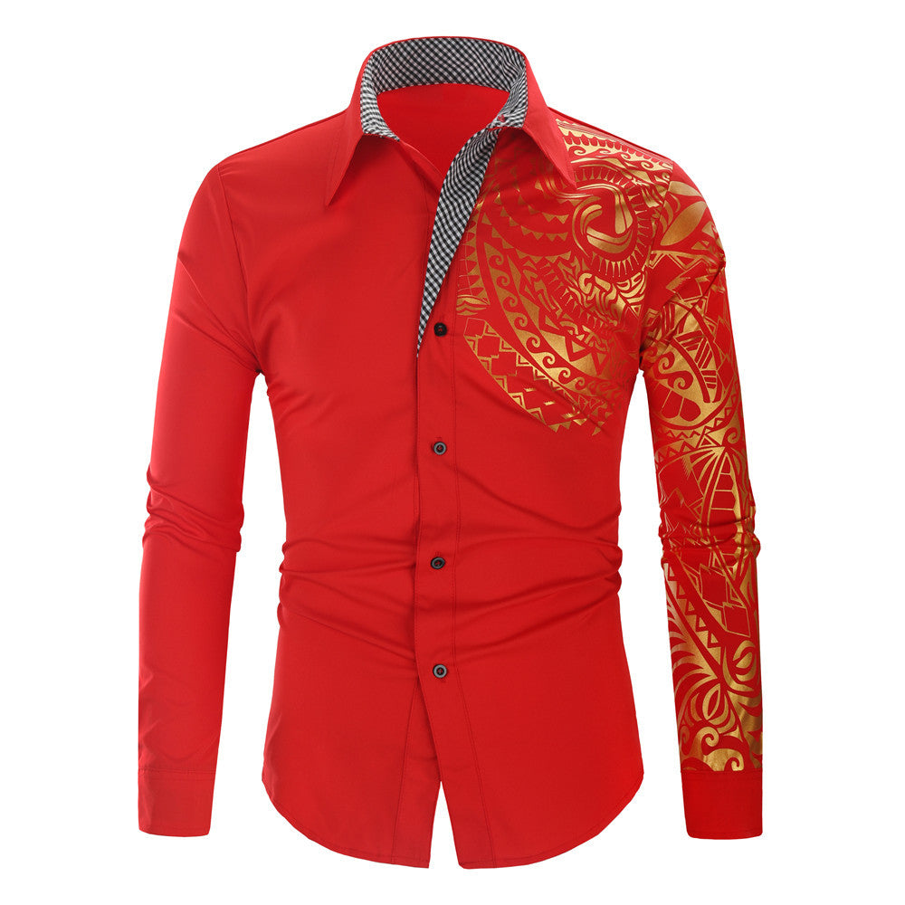 Men's shirt with asymmetric tribal print, slim fit and contrasting inner placket Mune Fashion
