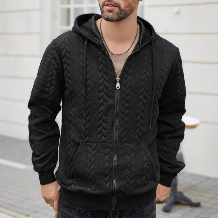 Men's knitted hooded sweat jacket with cable pattern, full zip and kangaroo pocket Mune Fashion