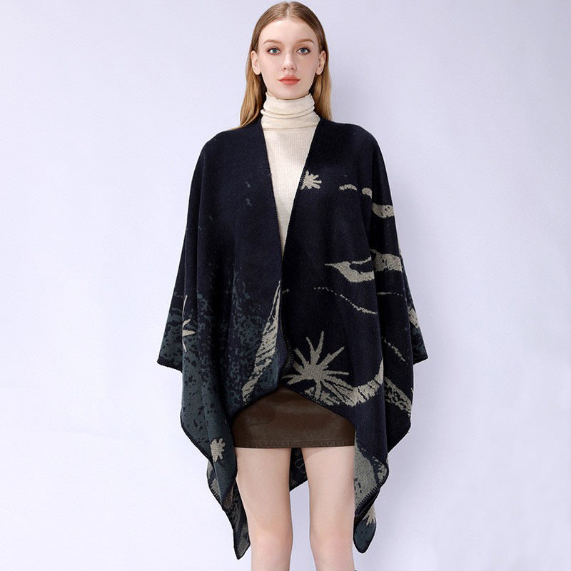 Women's Oversized Jacquard Wrap Cape made of fine knit with asymmetrical hem Mune Fashion