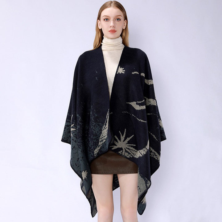 Women's Oversized Jacquard Wrap Cape made of fine knit with asymmetrical hem Mune Fashion