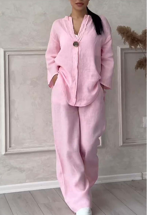 Women's casual linen relax set with wide pants and shirt blouse Mune Fashion