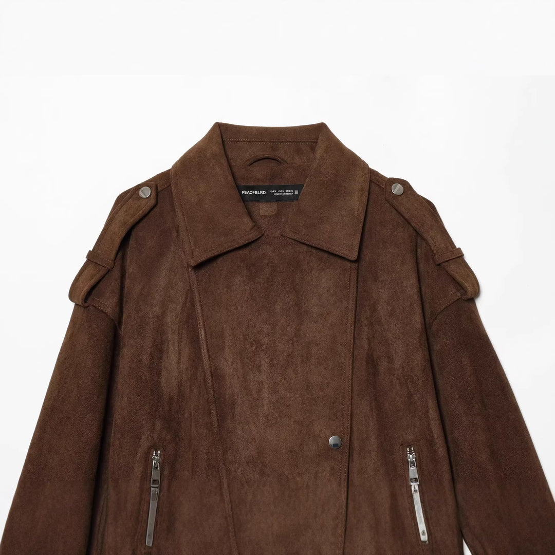 Women Short Suede Biker Jacket with Shoulder Flaps, Zipper Pockets and Boxy Silhouette Mune Fashion