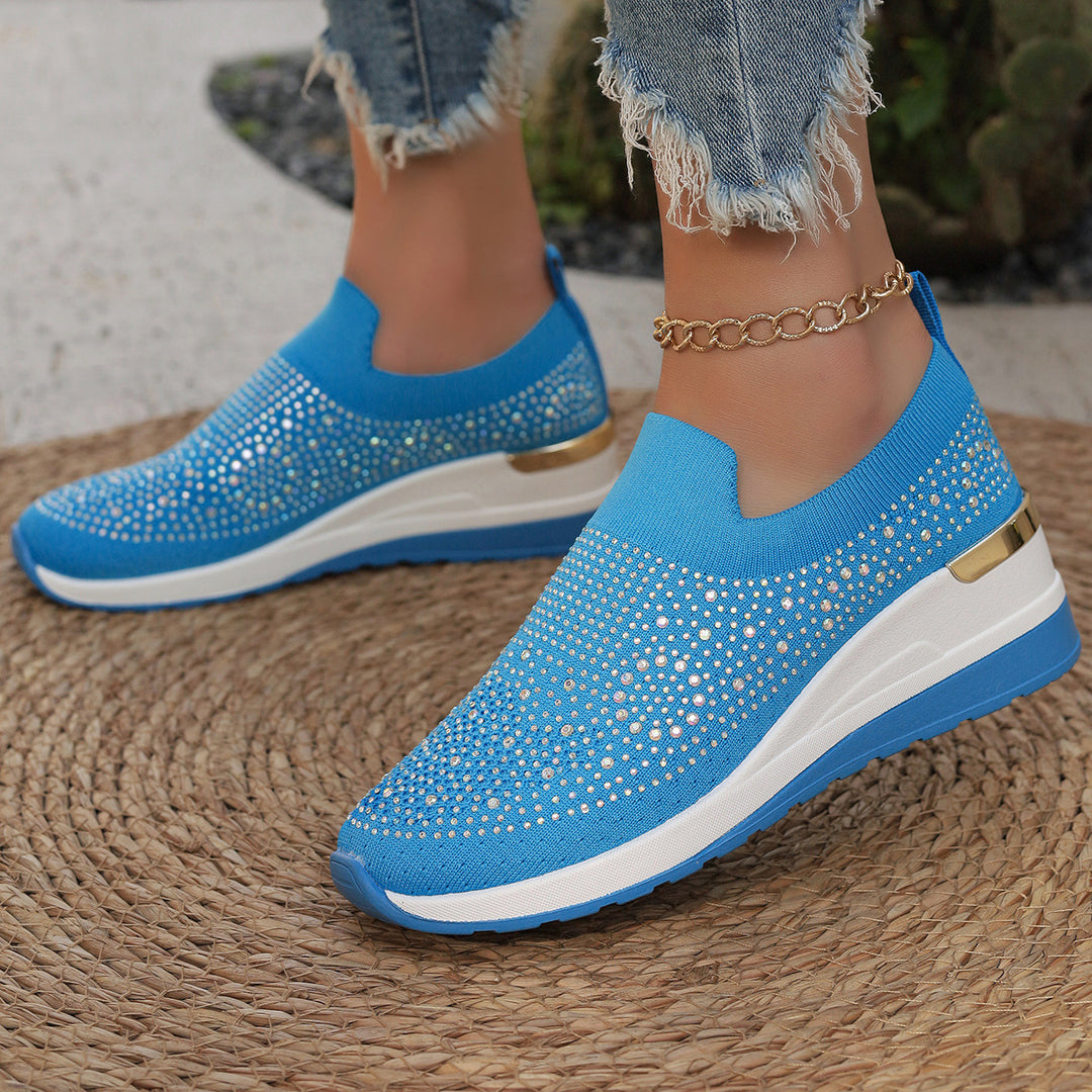 Women's knit slip-on sneakers with sparkling rhinestone trim, elastic entry, and cushioned platform sole Mune Fashion