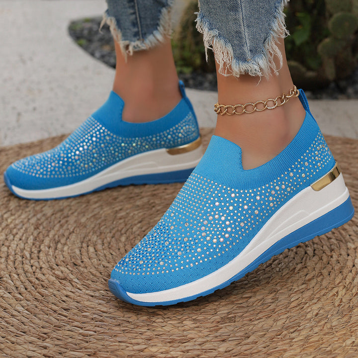 Women's knit slip-on sneakers with sparkling rhinestone trim, elastic entry, and cushioned platform sole Mune Fashion
