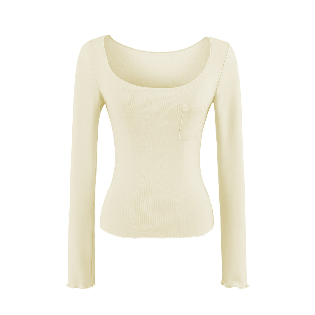 Women's fitted ribbed long-sleeve shirt with wide square neckline and chest pocket Mune Fashion