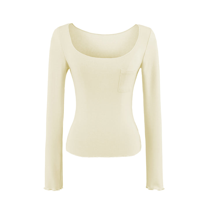 Women's fitted ribbed long-sleeve shirt with wide square neckline and chest pocket Mune Fashion
