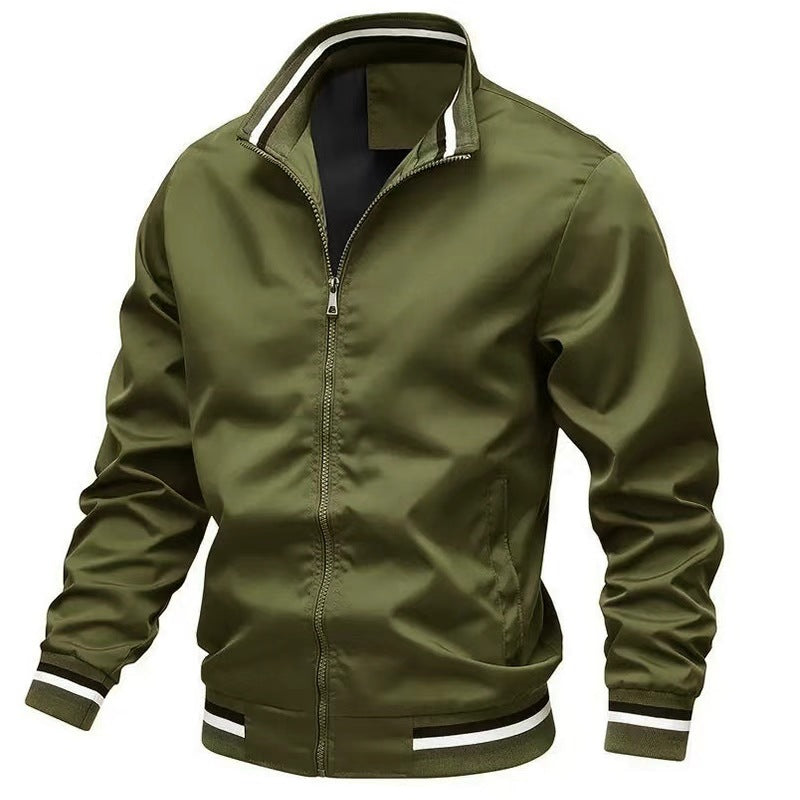 Men's lightweight windproof bomber jacket with stand-up collar, elastic cuffs, and full-length zipper.