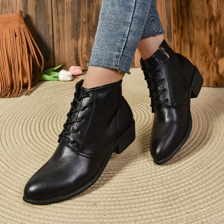 Women's ankle-high lace-up ankle boots with side zipper and low block heel Mune Fashion