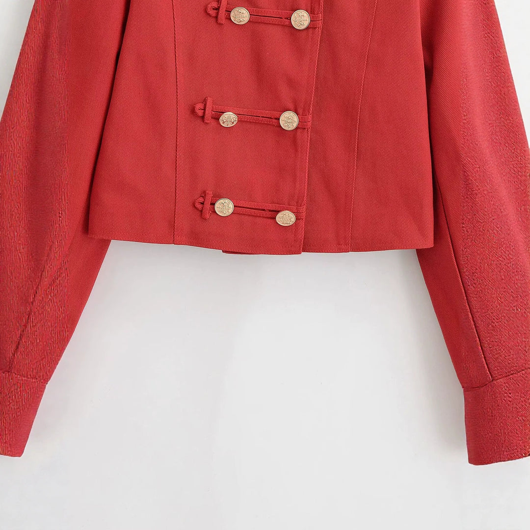 Women Military Inspired Short Jacket with Stand-up Collar, Decorative Straps and Golden Decorative Buttons Mune Fashion