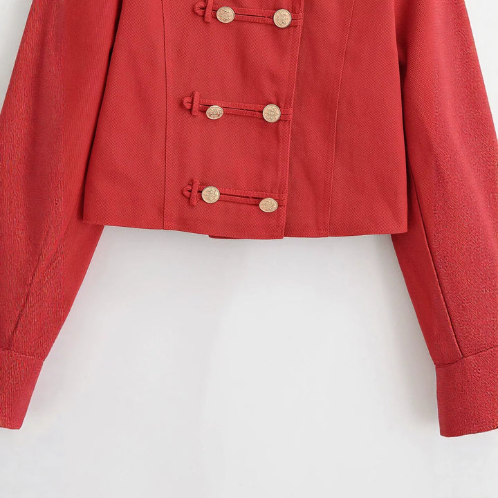 Women Military Inspired Short Jacket with Stand-up Collar, Decorative Straps and Golden Decorative Buttons Mune Fashion