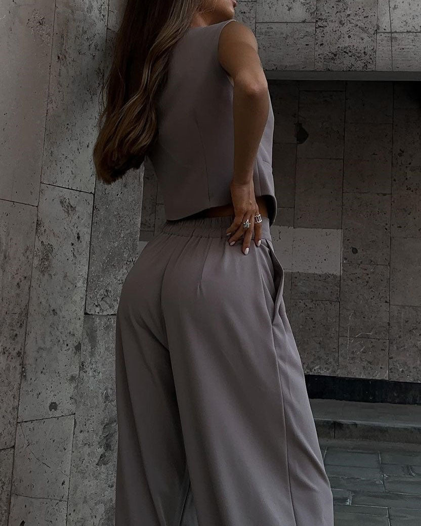 Mune Fashion | Neckline Sleeveless Vest with Wide Leg Pantsuit