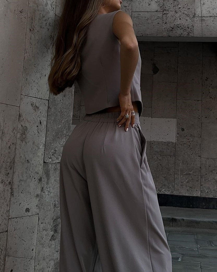 Mune Fashion | Neckline Sleeveless Vest with Wide Leg Pantsuit