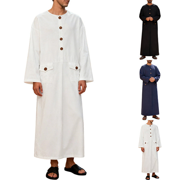 Men's long minimalist coat with round neckline, continuous button placket, and applied flap pockets Mune Fashion