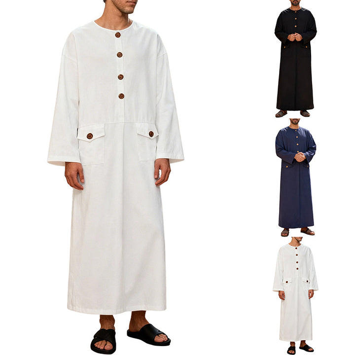 Men's long minimalist coat with round neckline, continuous button placket, and applied flap pockets Mune Fashion