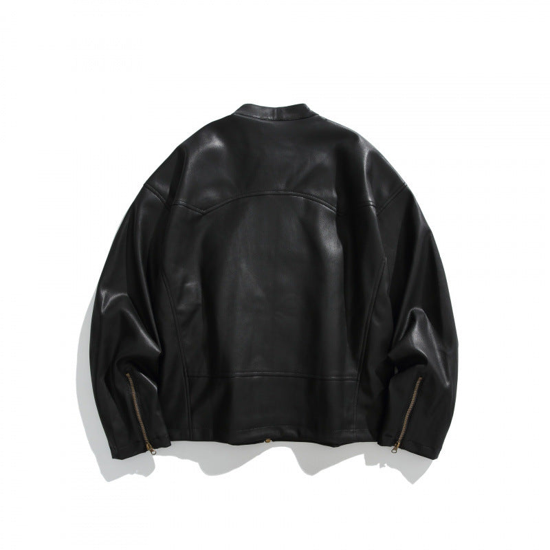 Men's short jacket made of vegan leather with a stand-up collar, three zip pockets, and two-way zipper Mune Fashion