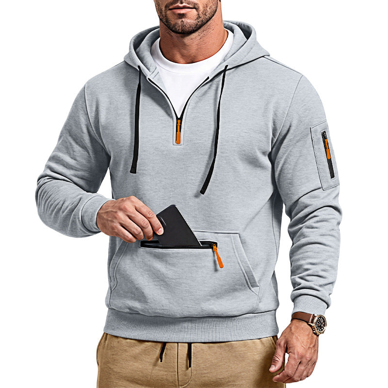 Men's sporty hoodie with half zipper and zippered kangaroo pocket Mune Fashion