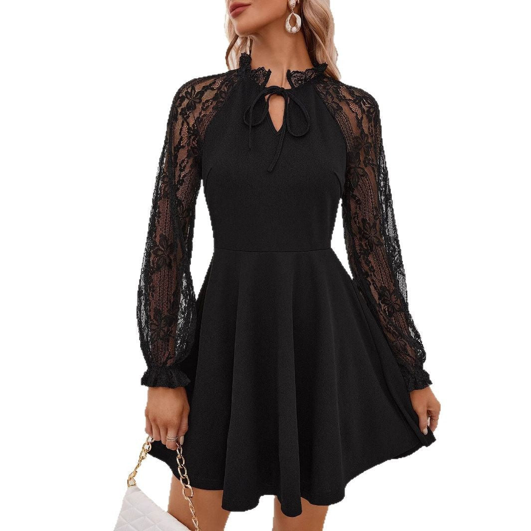 Women's fitted skater dress with transparent lace sleeves, stand collar and tie bow Mune Fashion
