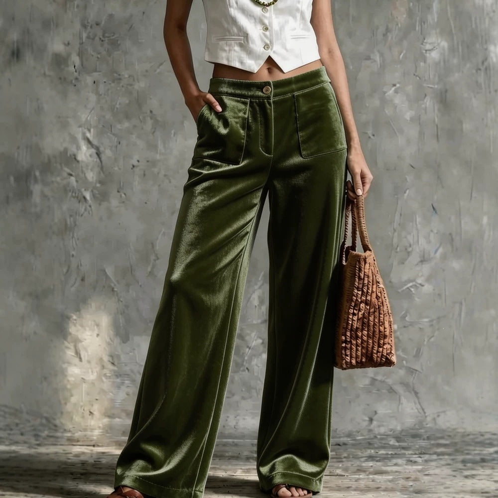 Women Wide Velvet Palazzo Pants with High Waist and Patch Pockets Mune Fashion