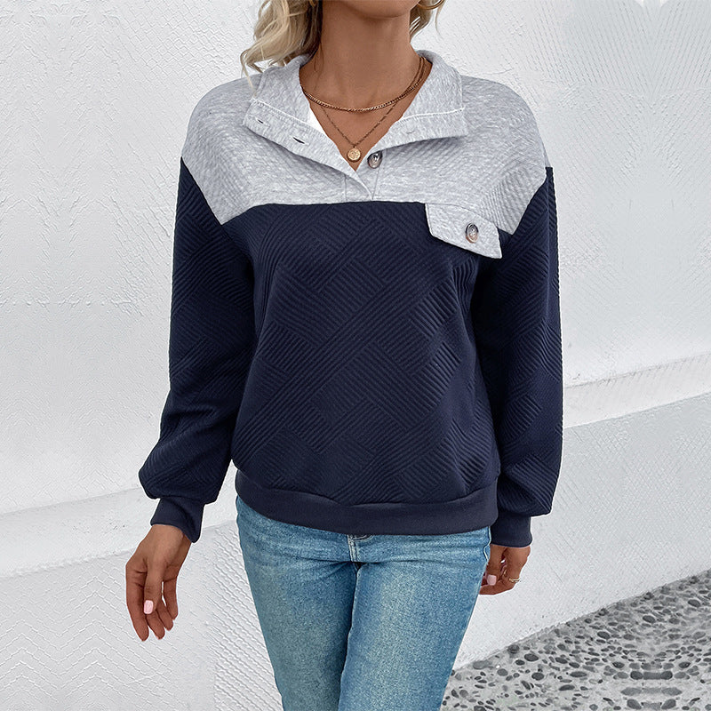 Women's Textured Colorblock Sweatshirt Pullover with Shirt Collar, Button Detail and Textured Knit Mune Fashion