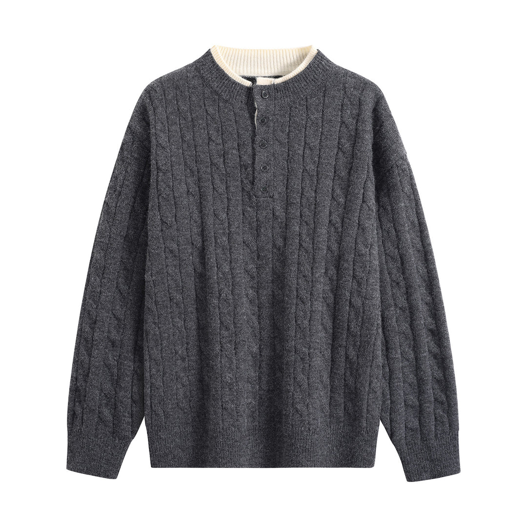 Unisex Oversize Braid Knit Henley Sweater with Button Placket and Ribbed Hem Mune Fashion
