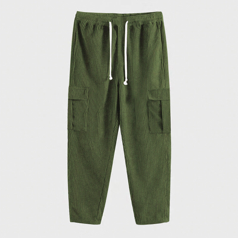 Men's ribbed cargo joggers with elastic comfort waistband, side flap pockets, and tapered leg Mune Fashion