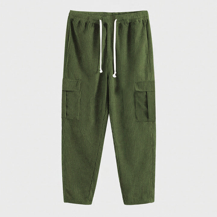 Men's ribbed cargo joggers with elastic comfort waistband, side flap pockets, and tapered leg Mune Fashion