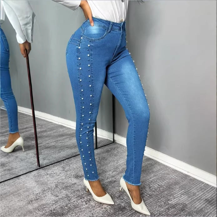 Women's shaping high-waisted skinny jeans with side pearl embellishment Mune Fashion