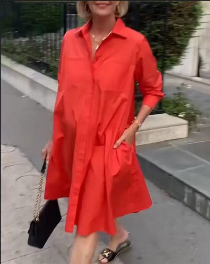 Women's Oversize Poplin Swing Hem Dress with Hidden Button Placket, Pockets, and Roll-Up Sleeves Mune Fashion